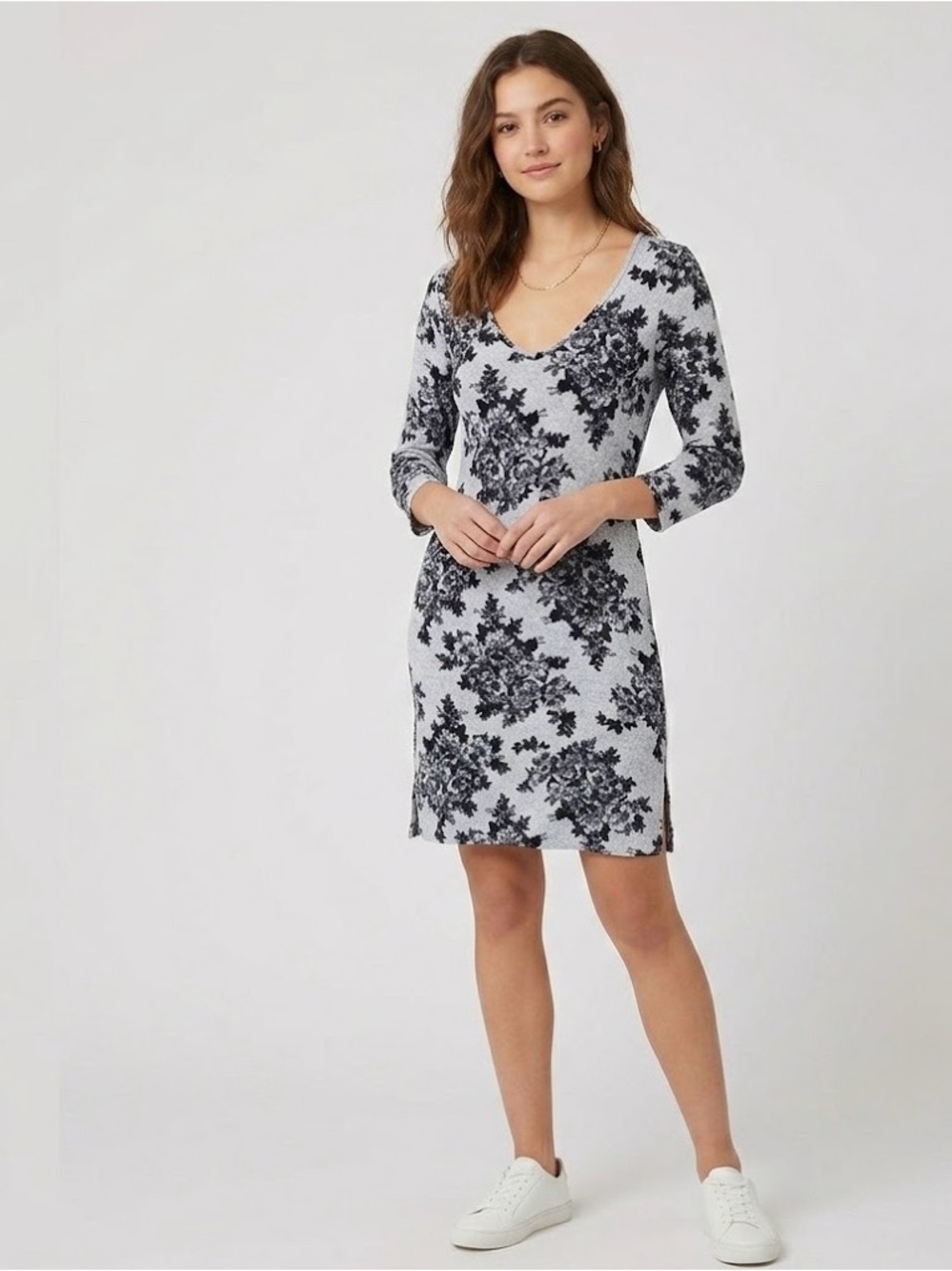 🖤🩶 Antistar Midi Knit Black & Gray Print VNeck Womens Dress Size Large NWT 🩶🖤